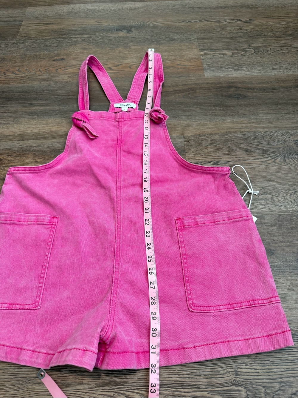 NWT Zenana Hot Pink Denim Overall Shorts Mineral Wash Knotted Straps Size Large - Picture 10 of 10